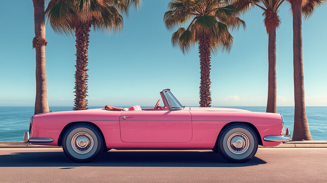 Vintage pink convertible parked by palm trees and ocean.