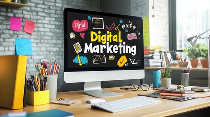 Desktop with 'digital marketing' on screen, surrounded by office items, symbolizing seo strategies.