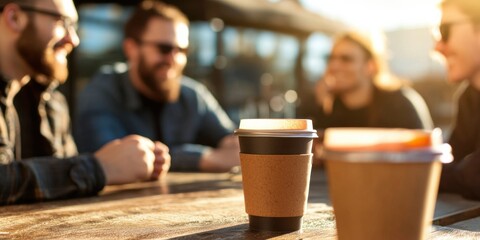 A warm gathering of friends enjoying coffee outdoors, with sunlight creating a cozy atmosphere and highlighting their joyful interaction.