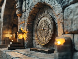 Obraz premium Ancient compass, stone alcove, candlelight, books, mystery.
