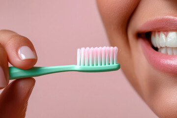 Close-up of smiling woman with green toothbrush and healthy teeth