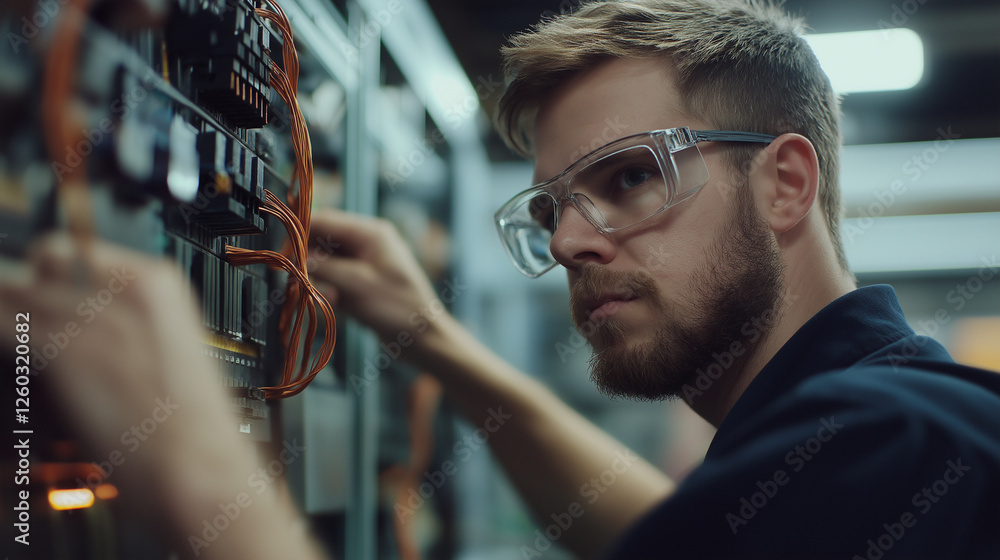 Aufkleber a technician assembling a control panel, skillfully connecting multi-core copper wires to circuit br