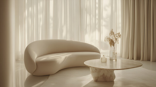 Modern living room with a stylish curved sofa, marble table, and sheer curtains bathed in soft light creating a serene ambiance.