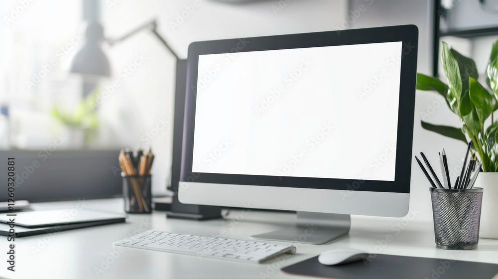 Poster minimalist desk setup featuring a picture frame and modern desktop computer in a bright workspace