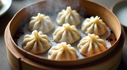 A top-down shot of dumplings steaming in a bamboo basket, with delicate wisps of steam rising above them, showcasing their soft textures and inviting appearance
