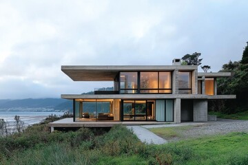 Modern concrete home with expansive windows overlooking the water.