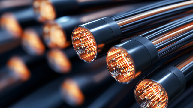 A close-up of a multi-core electrical cableâs cross-section, showing finely detailed copper conductors wrapped in protective layers, symbolizing high-performance power transmission