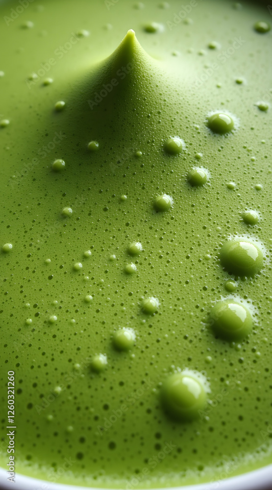 Poster a macro shot showcases vibrant matcha foam with delicate bubbles, emphasizing its rich texture and d