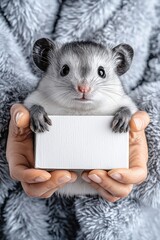 Obraz premium Adorable Gray Hamster Holding a Blank Sign in Human Hands