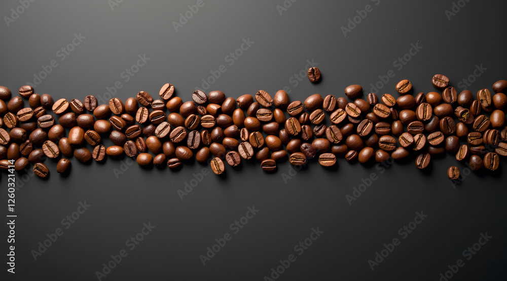 Aufkleber an abstract composition of coffee beans forms a precise line on a matte black background showcasing 