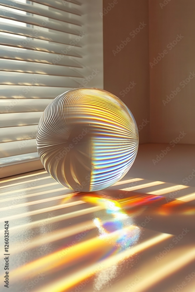 Poster a stunning spherical object casting colorful reflections on a surface, illuminated by soft sunlight 