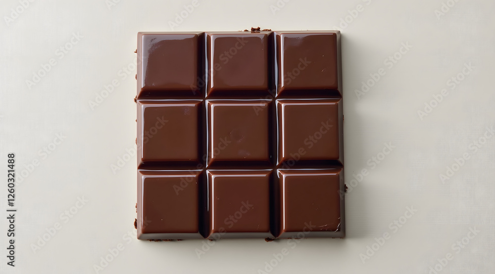 Poster a top-down view of a dark chocolate bar with perfect squares, resting on a neutral backdrop showcasi