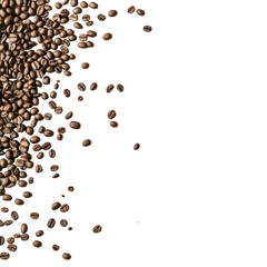 Coffee Bean Cascade: A dramatic and visually stimulating image of roasted coffee beans cascading down the frame, creating a textural and aromatic visual feast.