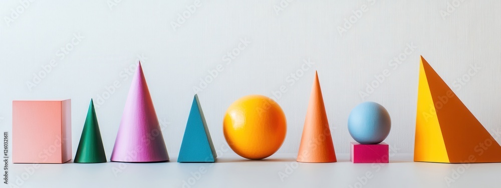 Aufkleber geometric harmony, vibrant shapes in diverse sizes and colors against a clean white backdrop, creati