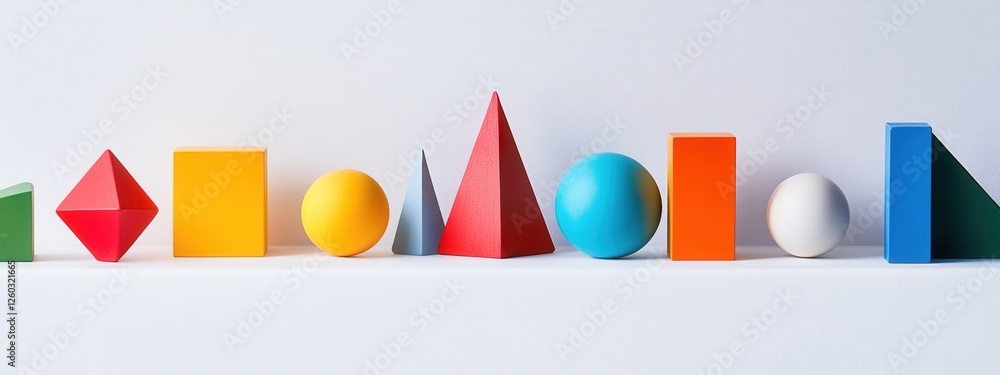 Poster geometric harmony, a vibrant display of assorted shapes in various sizes and colors against a crisp 