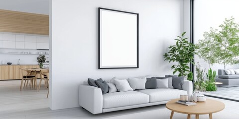 Naklejka premium Stylish modern living room with framed poster bright and airy space contemporary design minimalist