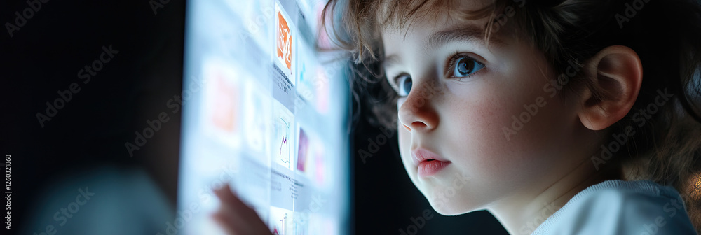 Poster young child interacting with a data display screen