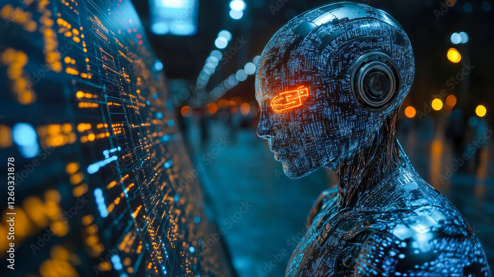 Poster futuristic ai robot analyzing data on digital screen in urban environment reflecting advanced techno