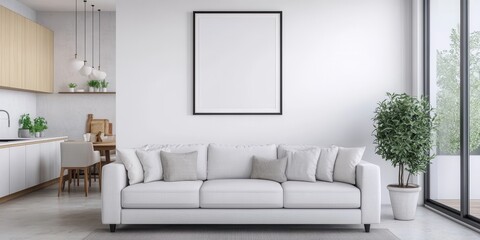 Modern living room with framed poster mockup minimalist design cozy environment bright natural light