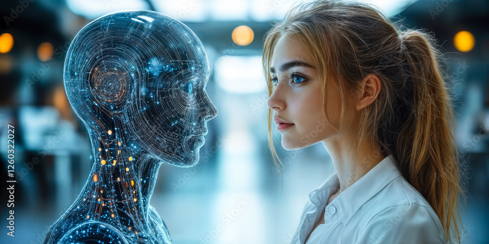 Poster conversational ai interaction with human in modern office setting for enhanced communication and inf