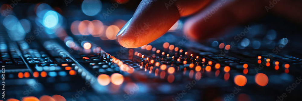 Poster fingertip interacting with illuminated circuit board