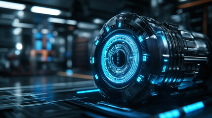 Fototapeta premium A sleek, futuristic generator, glowing with blue LED indicators, placed in an advanced research facility specializing in energy-efficient industrial machinery.