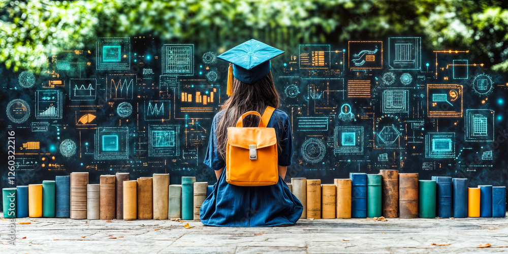 Poster ai-driven e-learning concept with student engaging in personalized educational content surrounded by