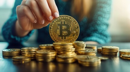 Woman's hand holding a gold Bitcoin coin above a pile of coins