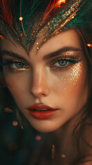Obraz premium Enchanting woman with feathered headpiece and glitter makeup.