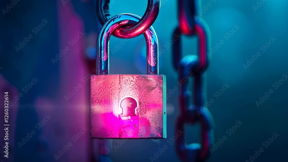 Poster a vibrant padlock hangs from a chain, illuminated by a mesmerizing glow. the combination of colors c