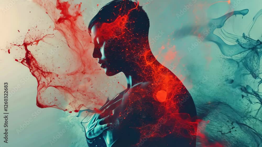 Poster a person stands with a contemplative expression, surrounded by vibrant splashes of color and abstrac