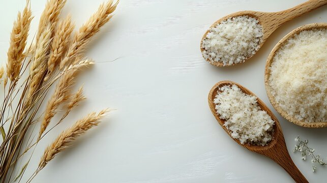 Dried wheat, rice, wooden spoons, white background; food blog