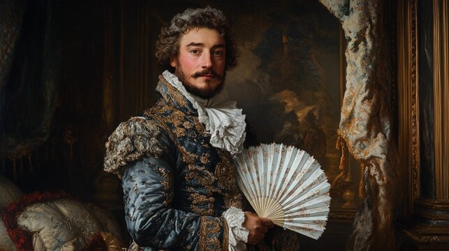 Elegant nobleman holds antique fan, regal portrait.