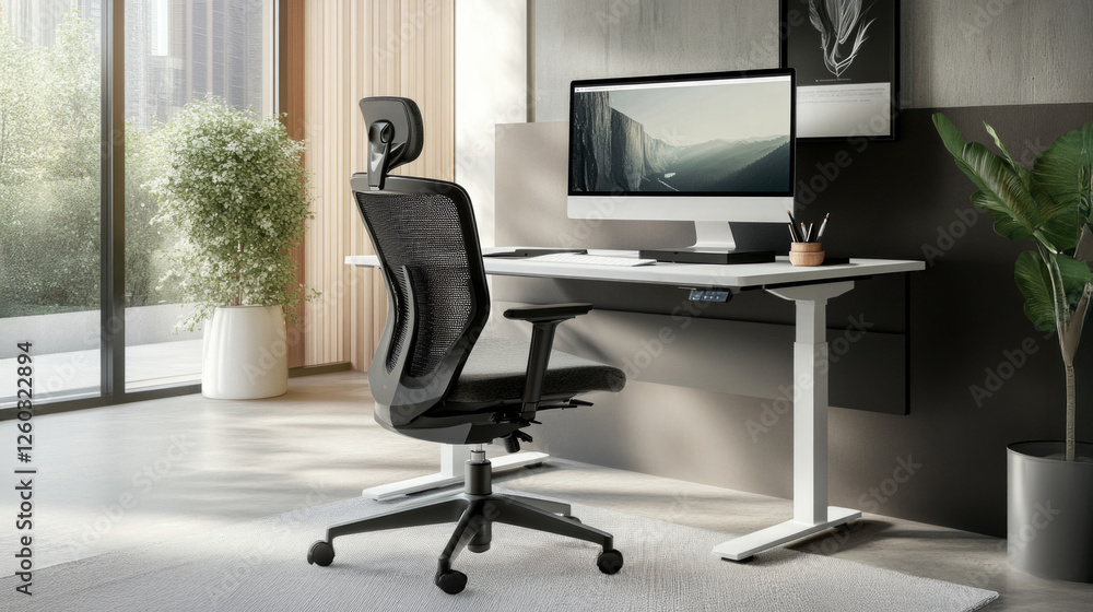 Poster ergonomic office setup featuring a modern chair and desktop computer in a bright workspace with larg