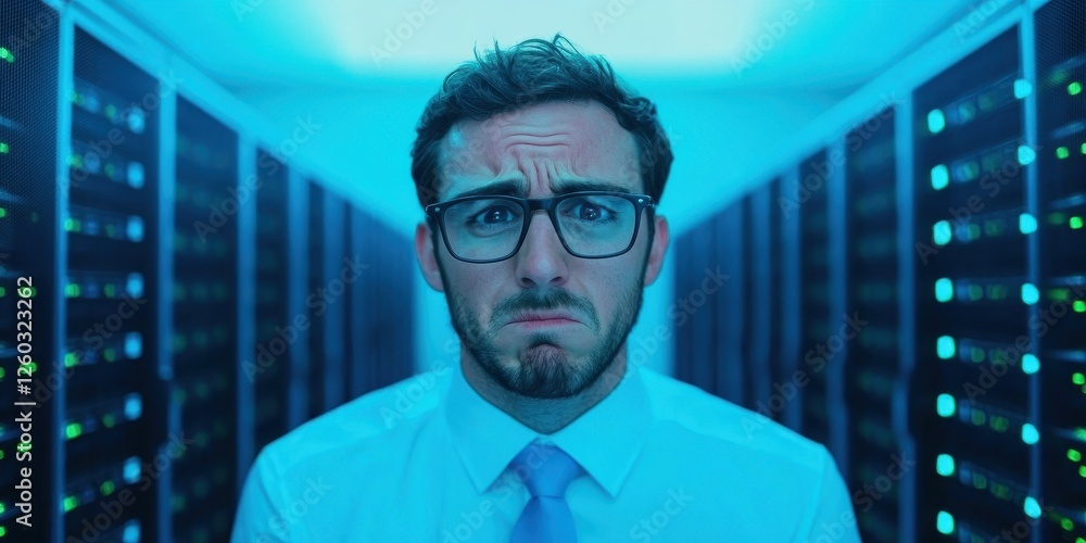 Poster software developer in distress over server mistake data center image tech environment close-up emoti