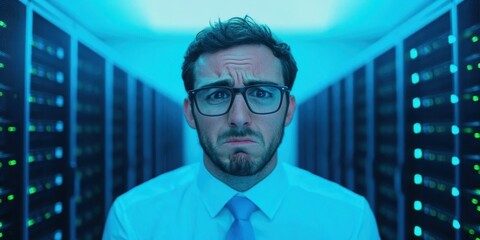 Software developer in distress over server mistake data center image tech environment close-up emotions