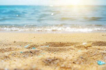 Close-up of sand with microplastic pollution on a beach with ocean in the background