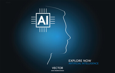 Human silhouette and microchip, AI symbols.