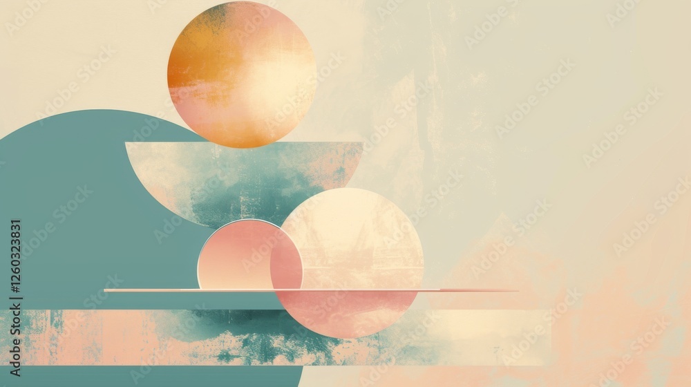 Poster delicate composition of pastel geometric shapes blending spheres and arches with subtle textures in 