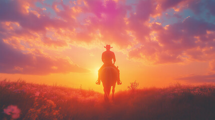 Fototapeta premium Lone cowboy on horseback riding into the sunset.