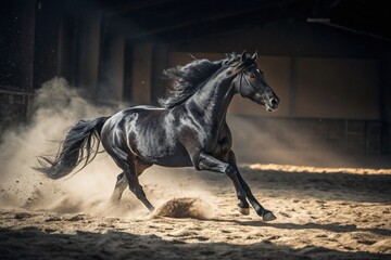 realistic black horse galloping through dust with dramatic lighting and shadows 