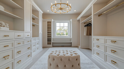 A luxurious walk-in closet featuring custom white cabinetry, gold hardware, and a plush ottoman for a sophisticated design.
