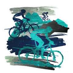 Mountain bikers, mountain trip. Expressive grunge stylized illustration of mountain bike cyclists.