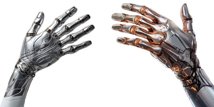 Futuristic cybernetic hands with metallic and robotic design advanced technology concept png cut out element set, transparent background