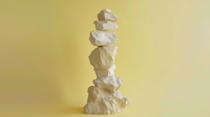 A minimalist stack of white stones carefully balanced, set against a soft yellow background. Perfect for themes of balance, nature, and simplicity. AI generated.