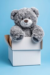 Grey Teddy Bear Peeking from a Cardboard Box on a Light Blue Background