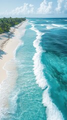 Aerial view of a tropical beach with turquoise ocean waves gently rolling onto the white sandy shore lined with palm trees

