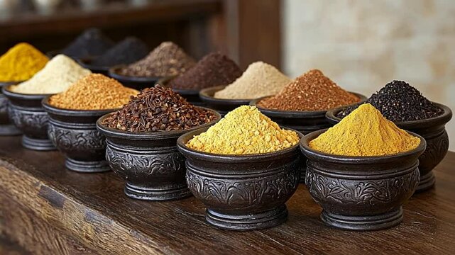 Colorful spices in bowls, market stall,  background blurred, food photography