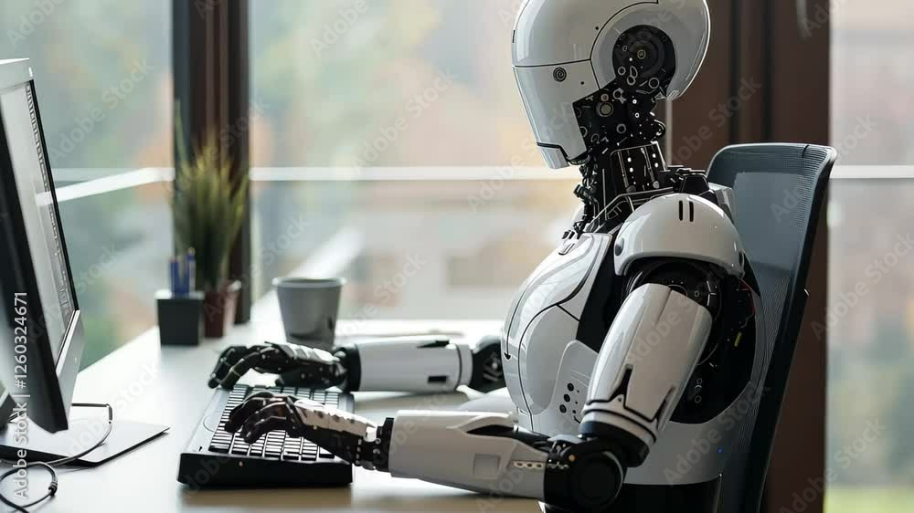 Poster a humanoid robot sits at a sleek office desk, typing on a keyboard while a computer screen displays 