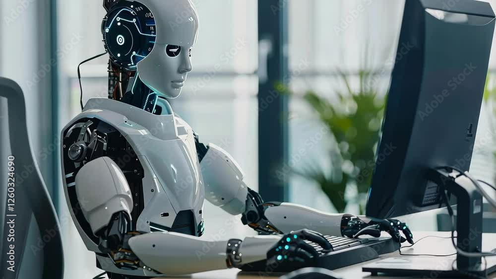 Poster a humanoid robot is actively engaging with a computer while seated at a contemporary office desk, hi